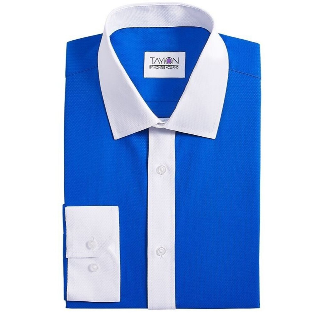 Tayion Collection Men's Slim-Fit White Trim Blue Dress Shirt L 16-16.5/32-33